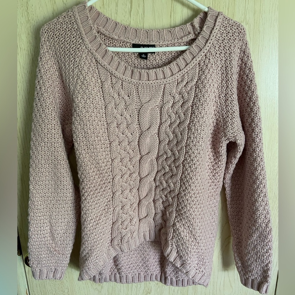 🩷 ANA Fisherman Cable Knit Hi-Low Dusty Pink Sweater Sz Petite Large